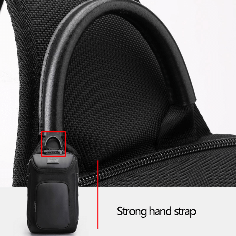 Close-up of the strong hand strap on a waterproof multifunction shoulder bag for men.