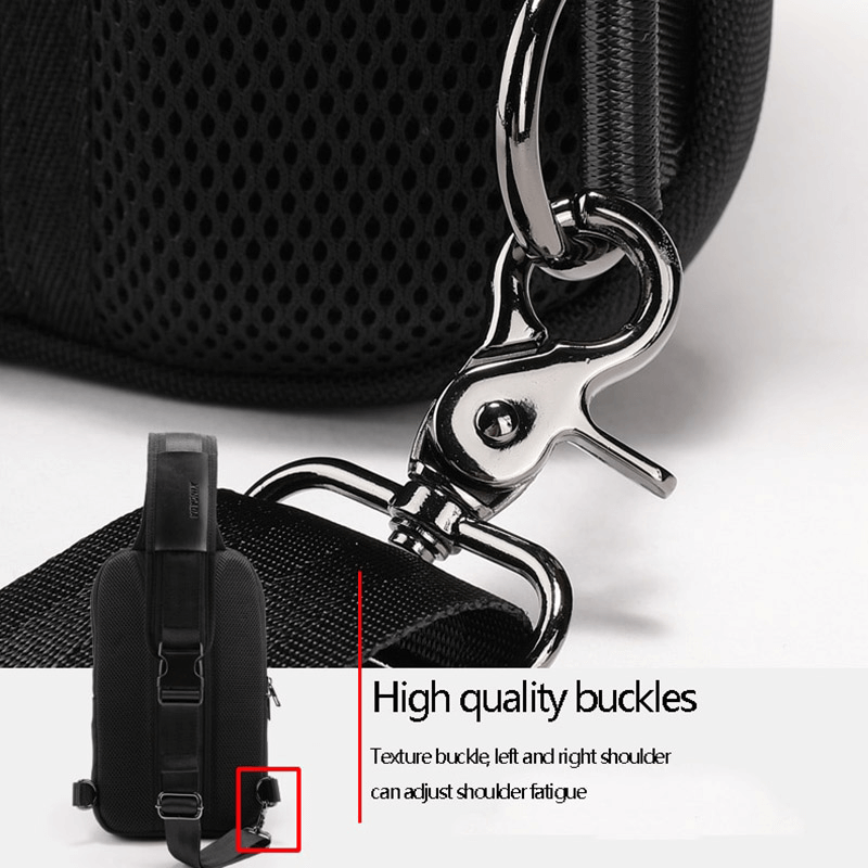 Close-up of high-quality buckle on waterproof multifunction shoulder bag for men, showcasing adjustable strap features.