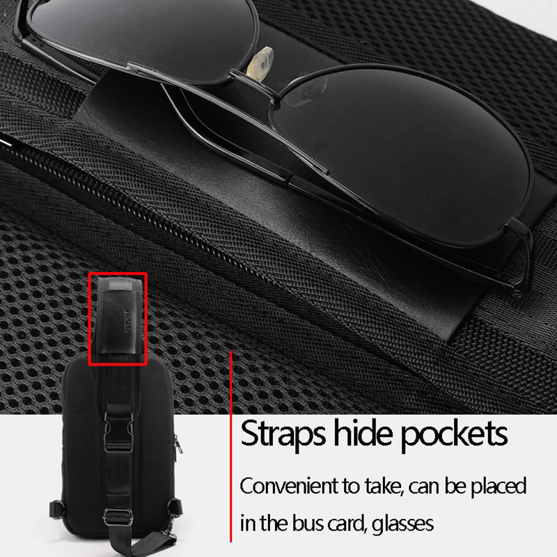 Close-up of stylish bag with sunglasses, showcasing hidden pockets and multifunctional design for everyday convenience.