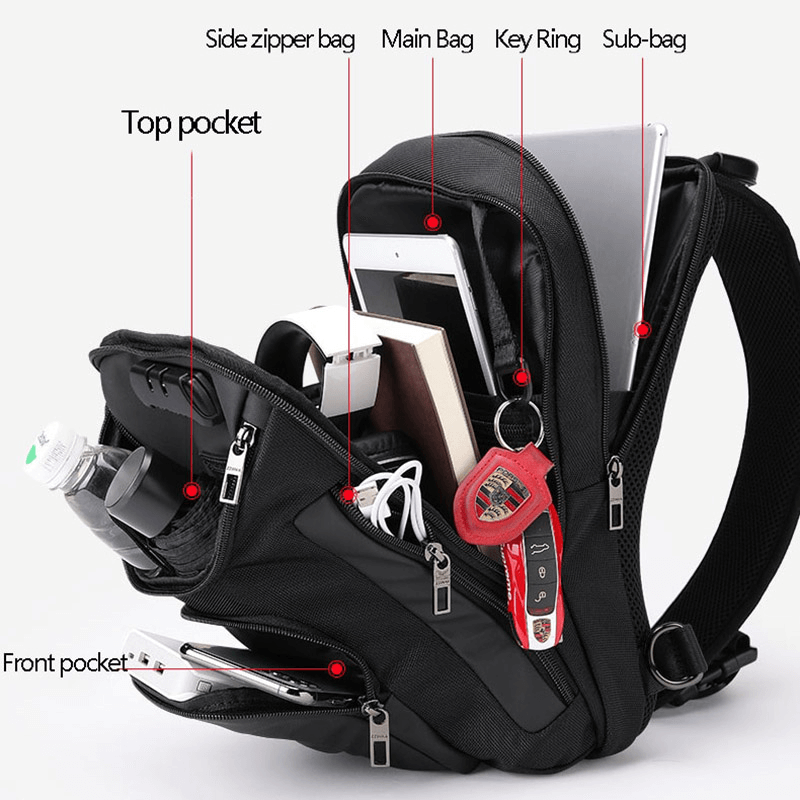 Waterproof multifunction shoulder bag for men showing organized pockets for tech and essentials.