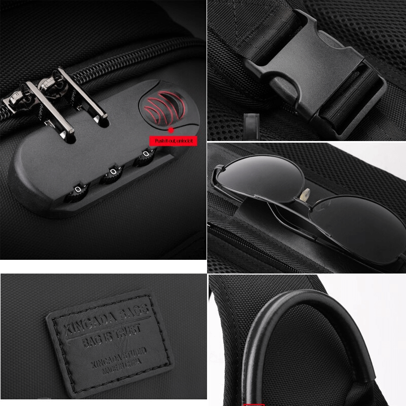 Close-up of waterproof multifunction shoulder bag features, including buckle, zipper, and sunglasses pocket.