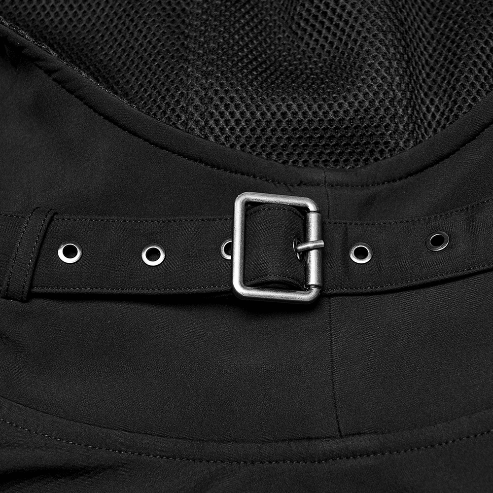 Close-up of the buckle and eyelets on the Waterproof Wasteland Punk Cape with Hood and 3D Pockets.