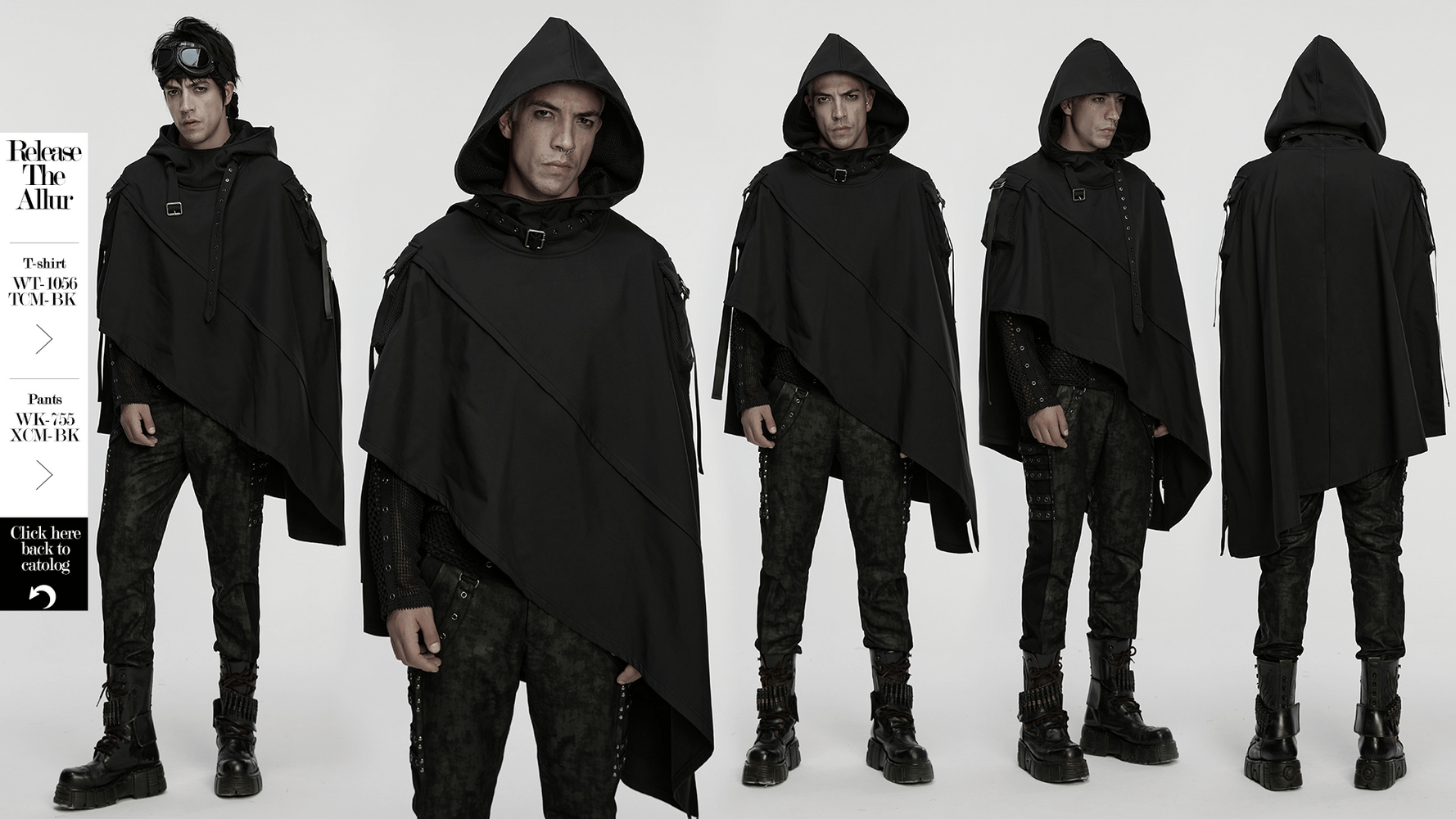 Waterproof Wasteland Punk Cape with Hood and 3D Pockets displayed on a model from multiple angles.