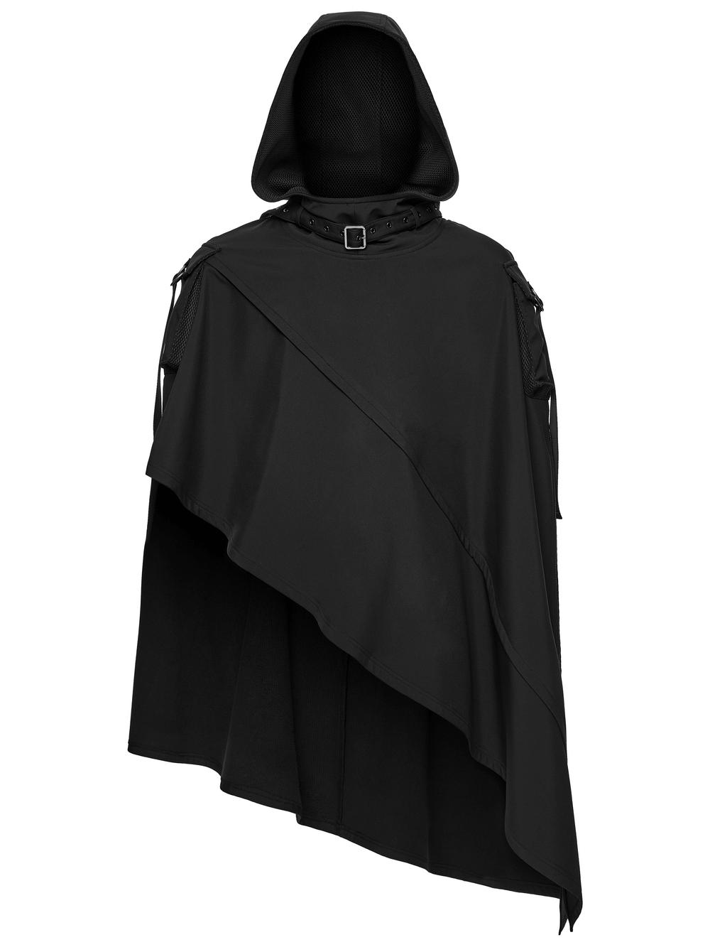 Waterproof Wasteland Punk Cape with Hood and 3D Pockets in sleek black design featuring asymmetric hem.