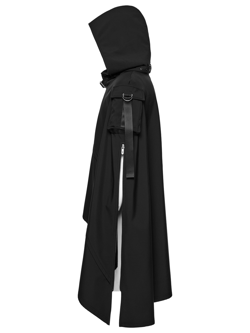 Waterproof Wasteland Punk Cape with Hood and 3D Pockets side view showcasing its stylish design and practical features.