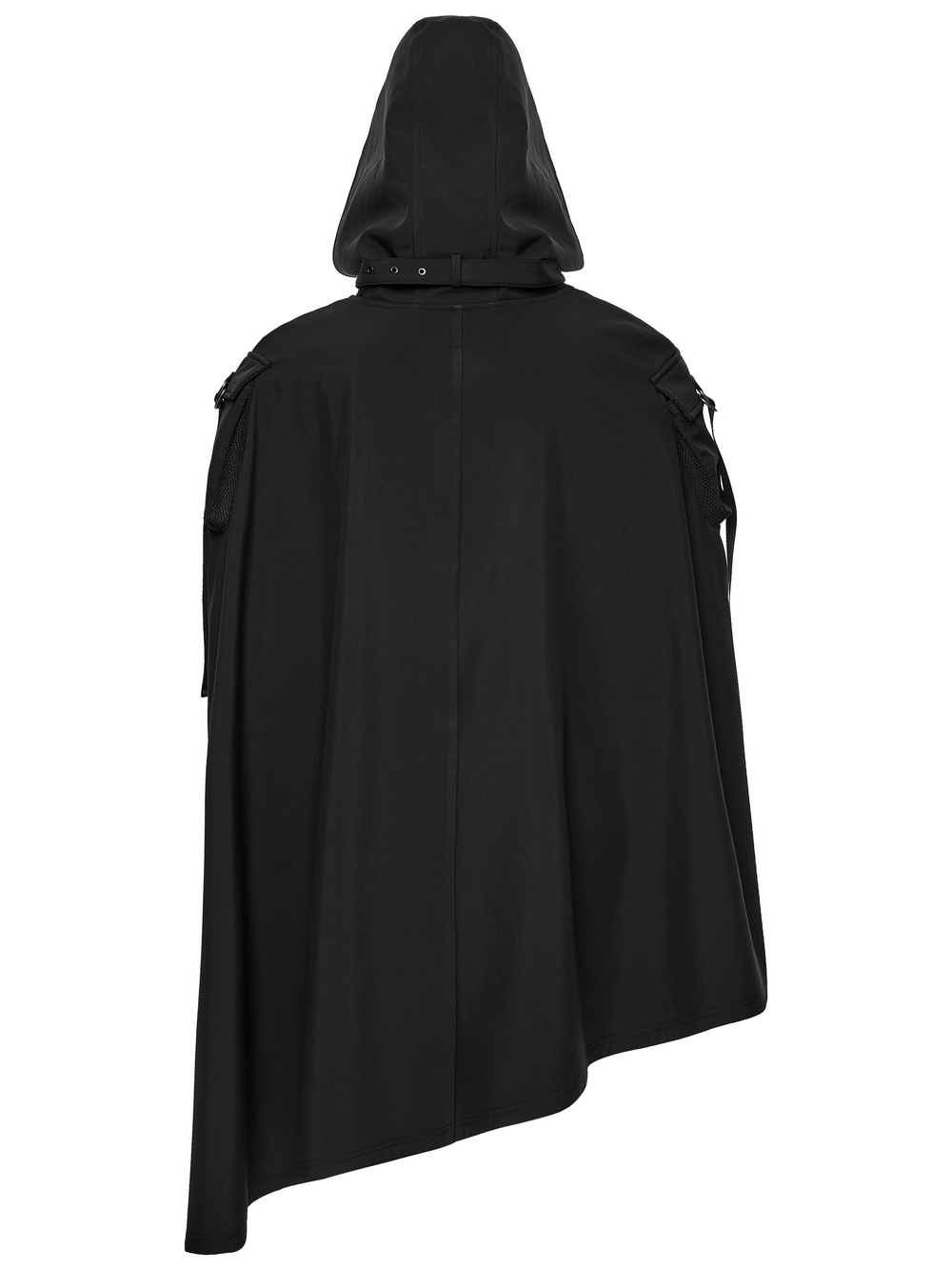 Back view of Waterproof Wasteland Punk Cape with Hood and 3D Pockets showcasing the hood and sleek design.