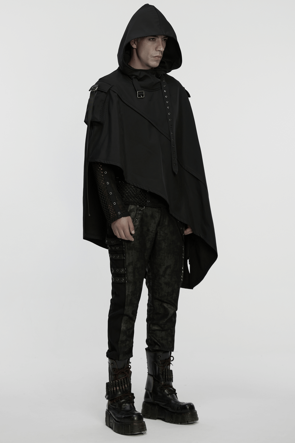 Waterproof Wasteland Punk Cape with Hood and 3D Pockets worn by a model in a striking pose.