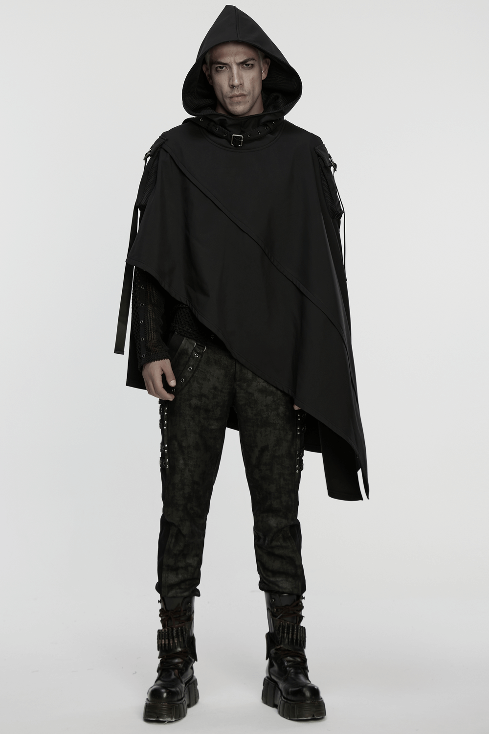 Waterproof Wasteland Punk Cape with Hood and 3D Pockets worn by a model in a striking pose.