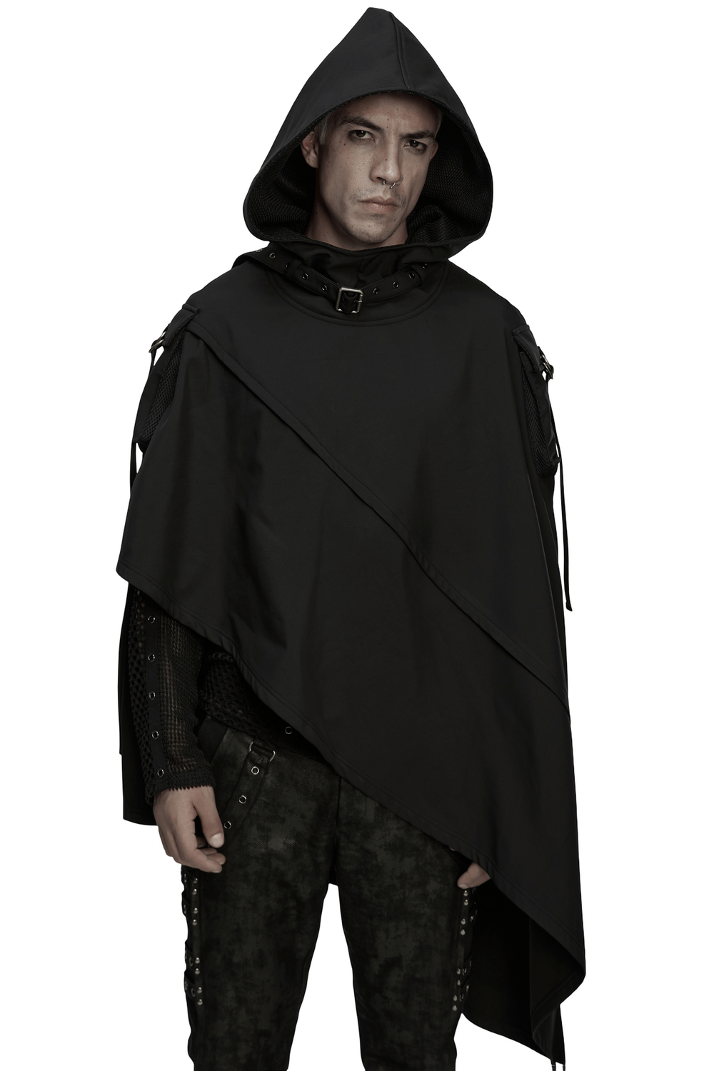 Waterproof Wasteland Punk Cape with Hood and 3D Pockets worn by a model, showcasing its stylish design and functionality.