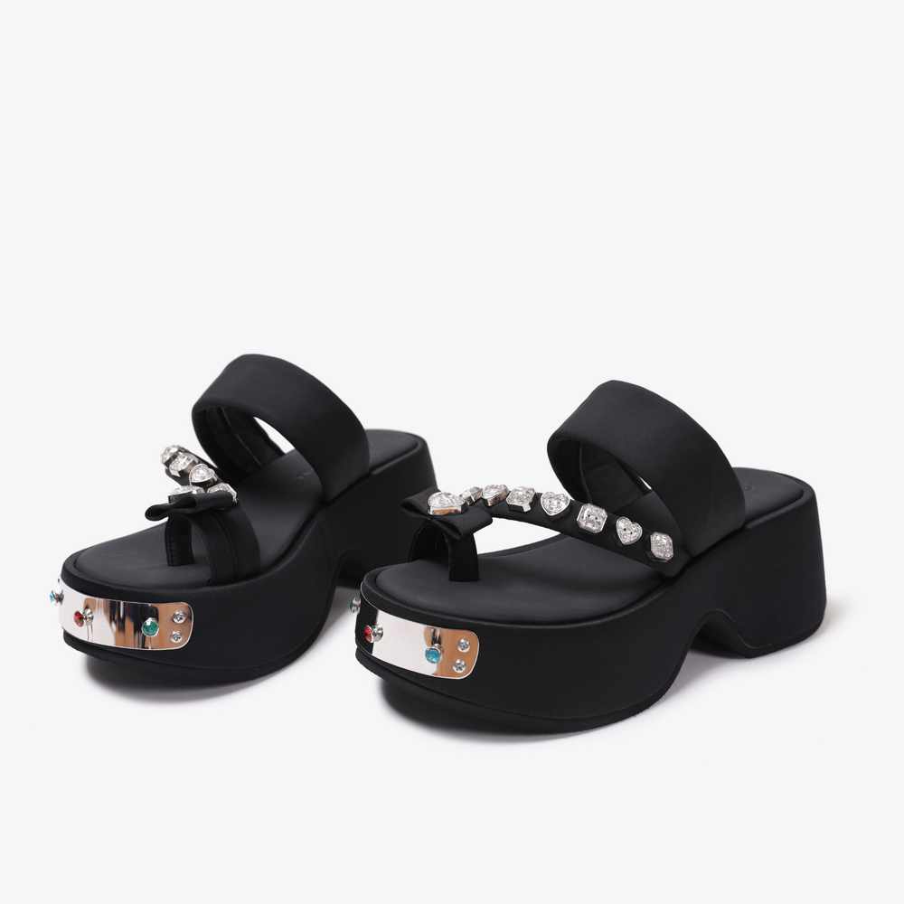 Wedge Flip-Flop Sandals with Heart-Shaped Gem Details, black chunky platform thong sandals with crystal accents