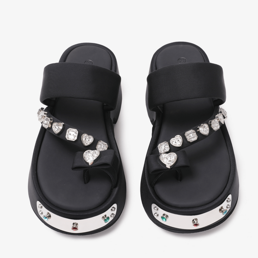Wedge Flip-Flop Sandals with Heart-Shaped Gem Details, black chunky platform thong sandals with crystal accents