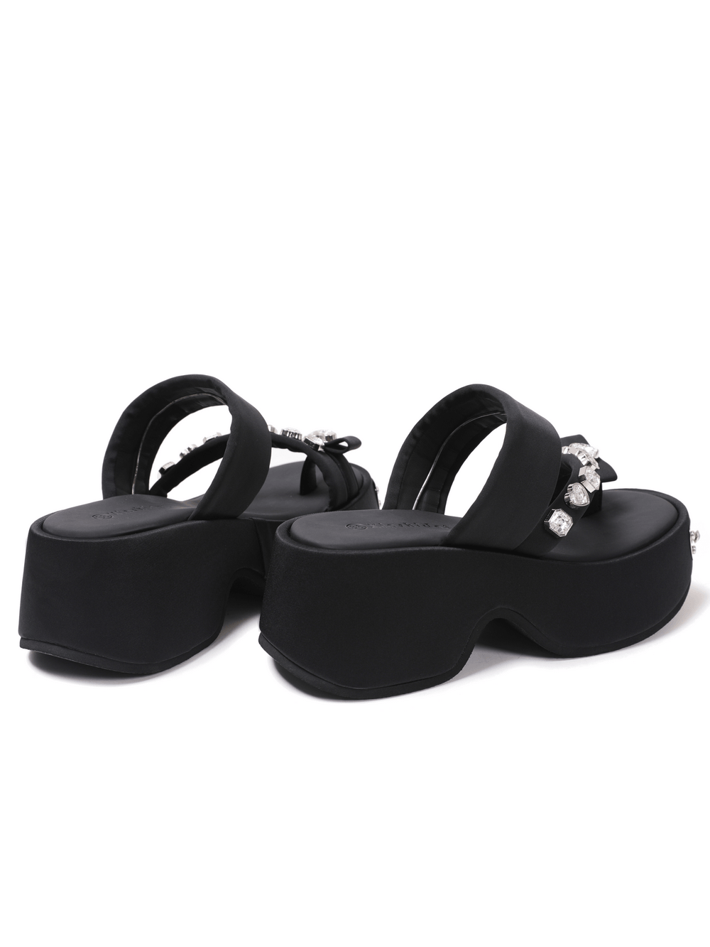 Wedge Flip-Flop Sandals with Heart-Shaped Gem Details black chunky platform sandals with crystal accents and bow detail