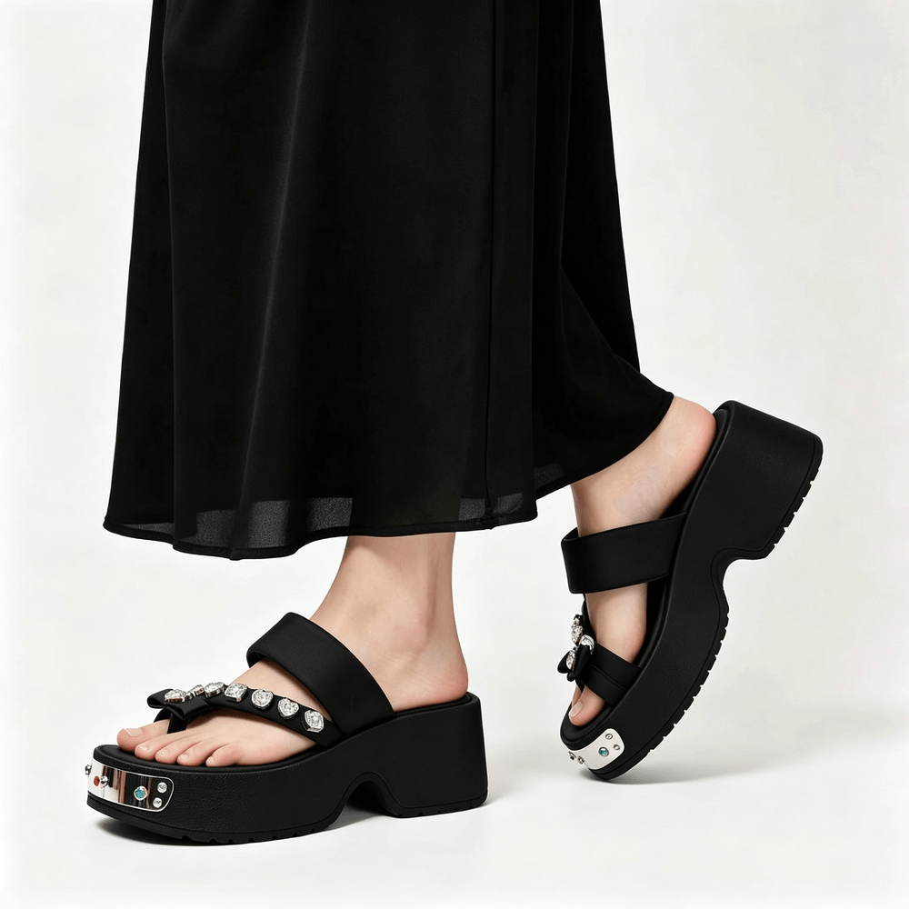 Wedge Flip-Flop Sandals with Heart-Shaped Gem Details black chunky platform thong sandals with crystal accents and bow