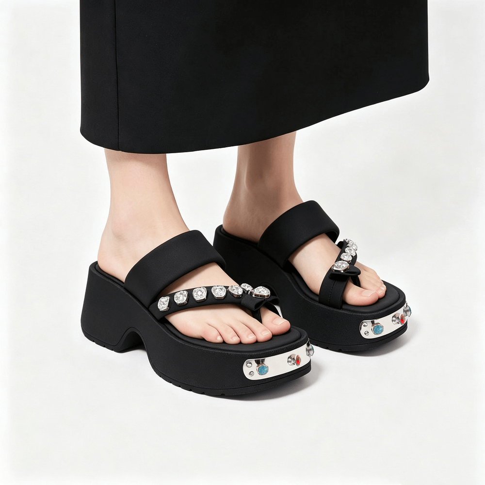Wedge Flip-Flop Sandals with Heart-Shaped Gem Details black platform thong sandals with crystal accents and bow