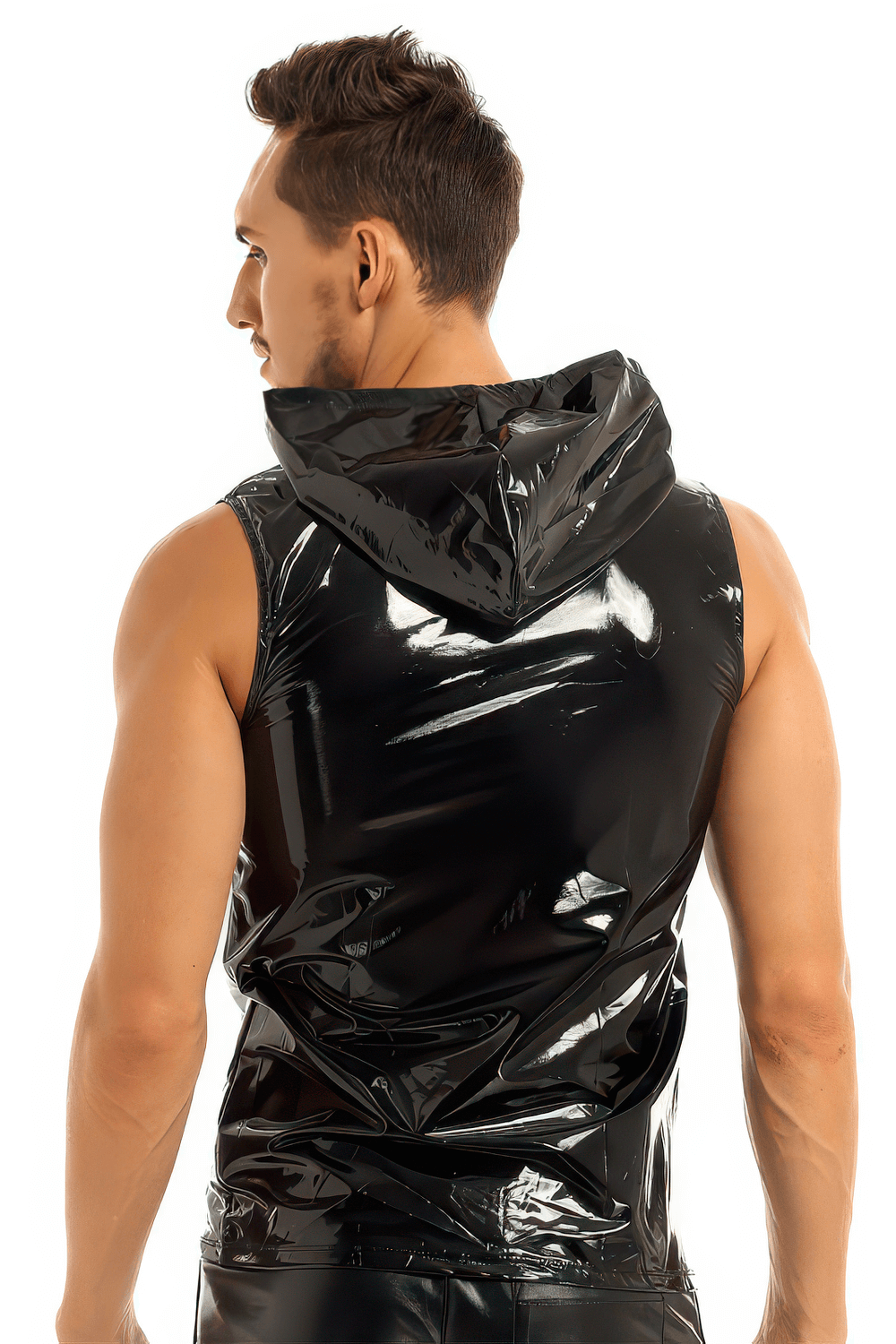 Back view of a man in a wet look black leather hoodie tank top, showcasing its stylish design and glossy finish.