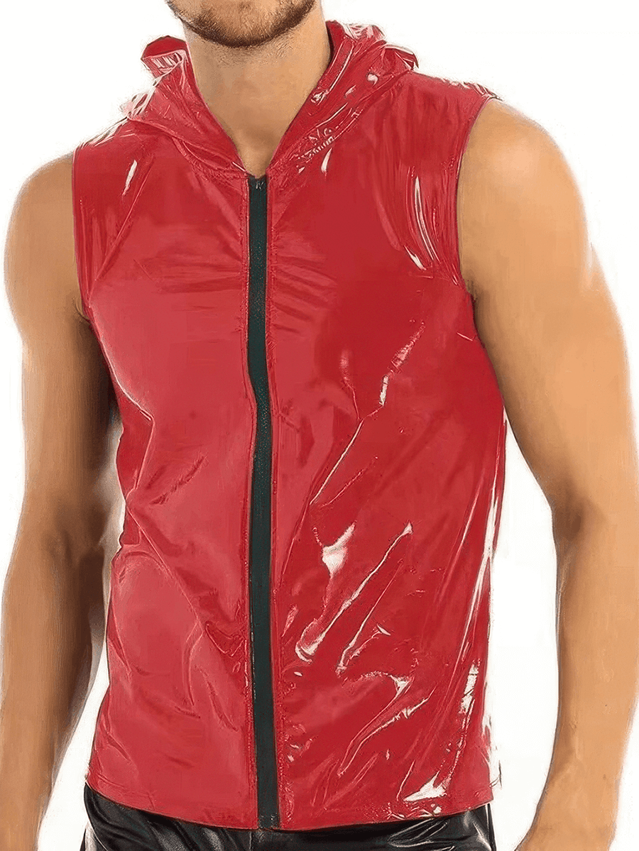 Men's stylish red wet look hoodie tank top with zipper, perfect for club parties and bold fashion statements.