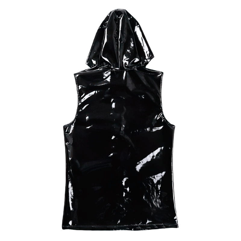 Wet look black vest with hood, stylish faux leather tank top for men, perfect for hip hop and club parties.