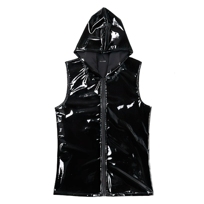 Wet look black faux leather tank top with hood and zipper, perfect for club parties and stylish outings.