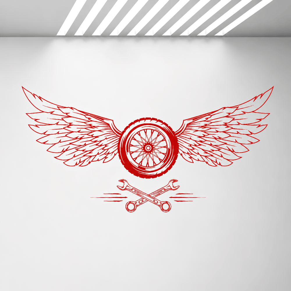 Wheel Wings Vinyl Decal for Car Garage Wall Decor featuring a bold design with wings and crossed tools.