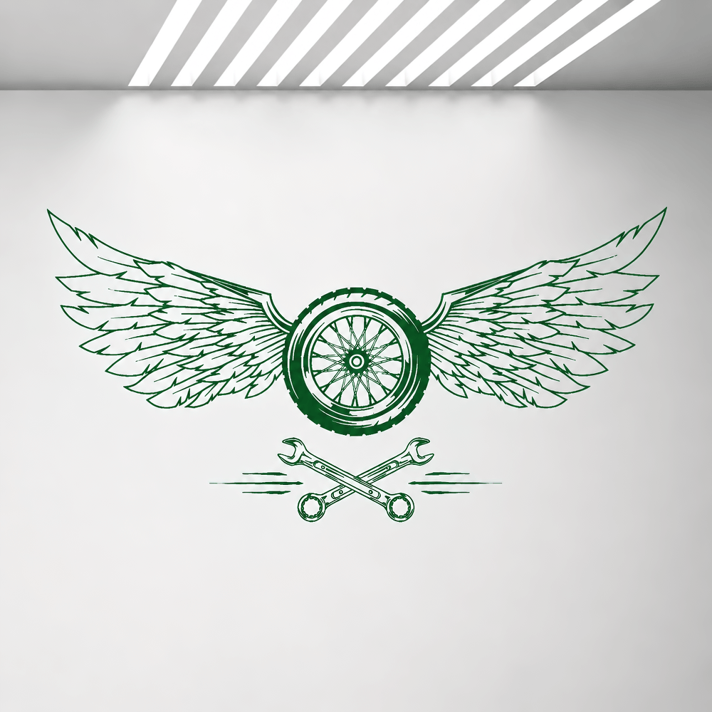 Wheel Wings Vinyl Decal for Car Garage Wall Decor with bold winged tire and crossed tools design.