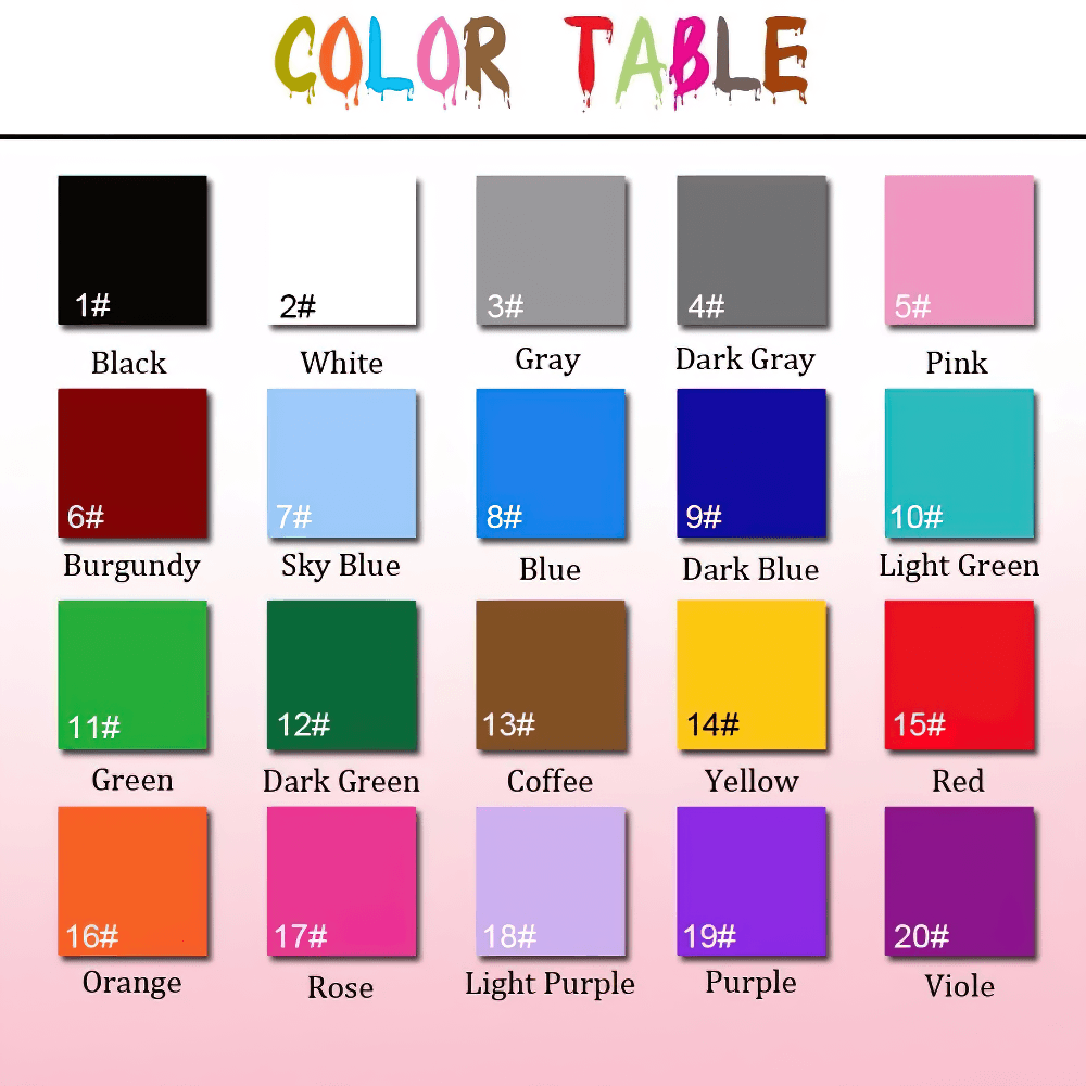 Color table displaying various vinyl decal colors for Wheel Wings Vinyl Decal for Car Garage Wall Decor.