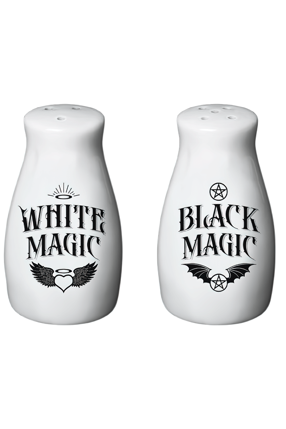 White and Black Magic salt and pepper shakers featuring gothic designs with angel and bat motifs.