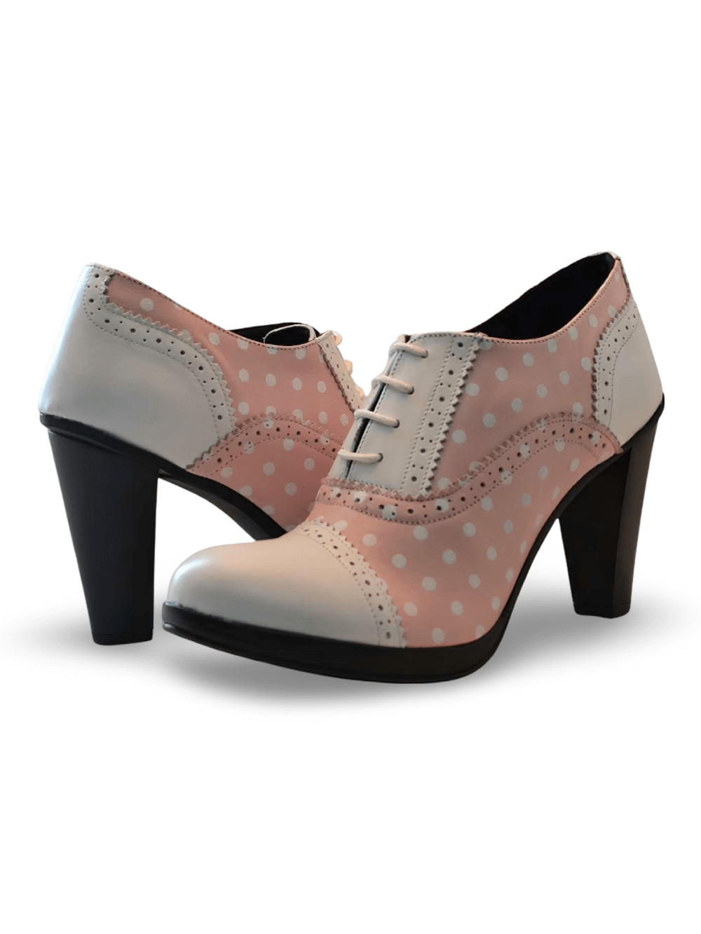 White and Pink Embossed Leather Round Toe Booties