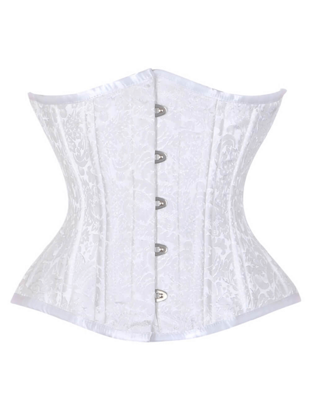 Elegant white brocade waist training corset featuring steel bones and a structured silhouette.