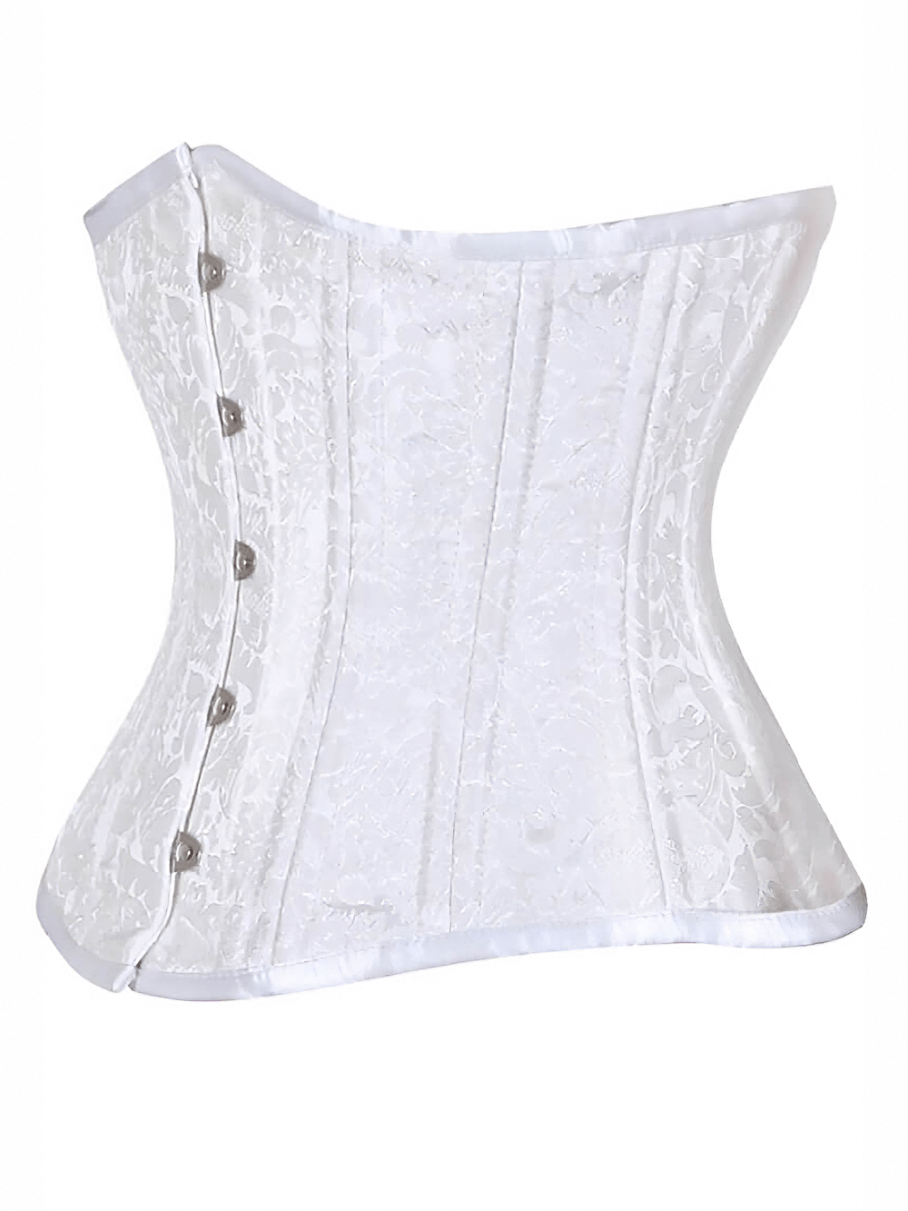 Elegant white brocade waist training corset featuring steel boning and button closure, perfect for sculpting your silhouette.