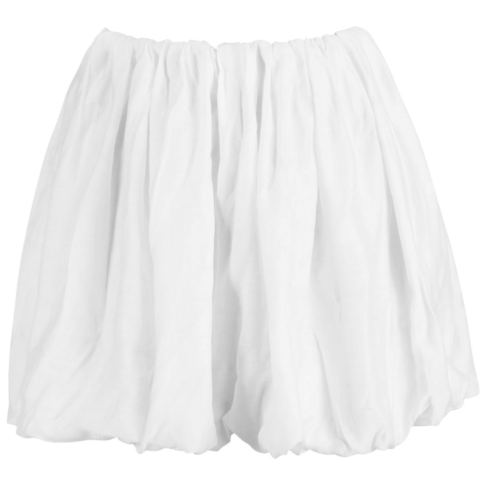 White Bubble Mini Skirt with Voluminous Flared Hem showcasing a playful, gathered design and soft, rounded shape.
