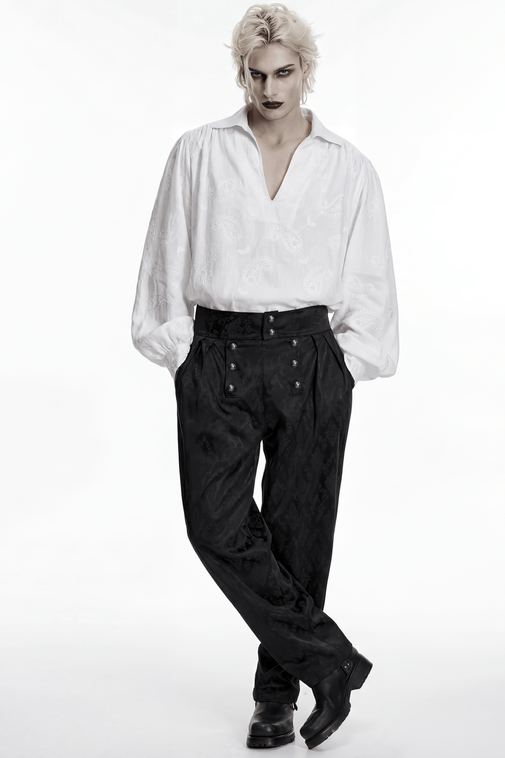 White Gothic Embroidered Loose Shirt with Puff Sleeves styled with black trousers and vampiric accessories.
