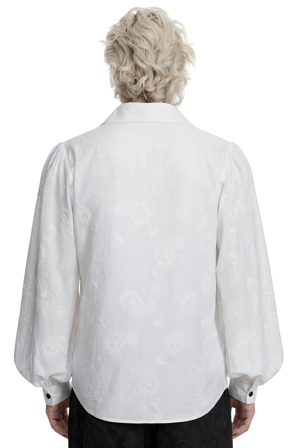 White Gothic Embroidered Loose Shirt with Puff Sleeves, showcasing the back view with intricate paisley embroidery.