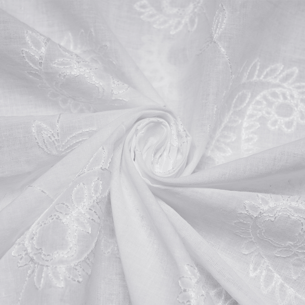 White Gothic Embroidered Loose Shirt with Puff Sleeves fabric featuring delicate paisley embroidery.