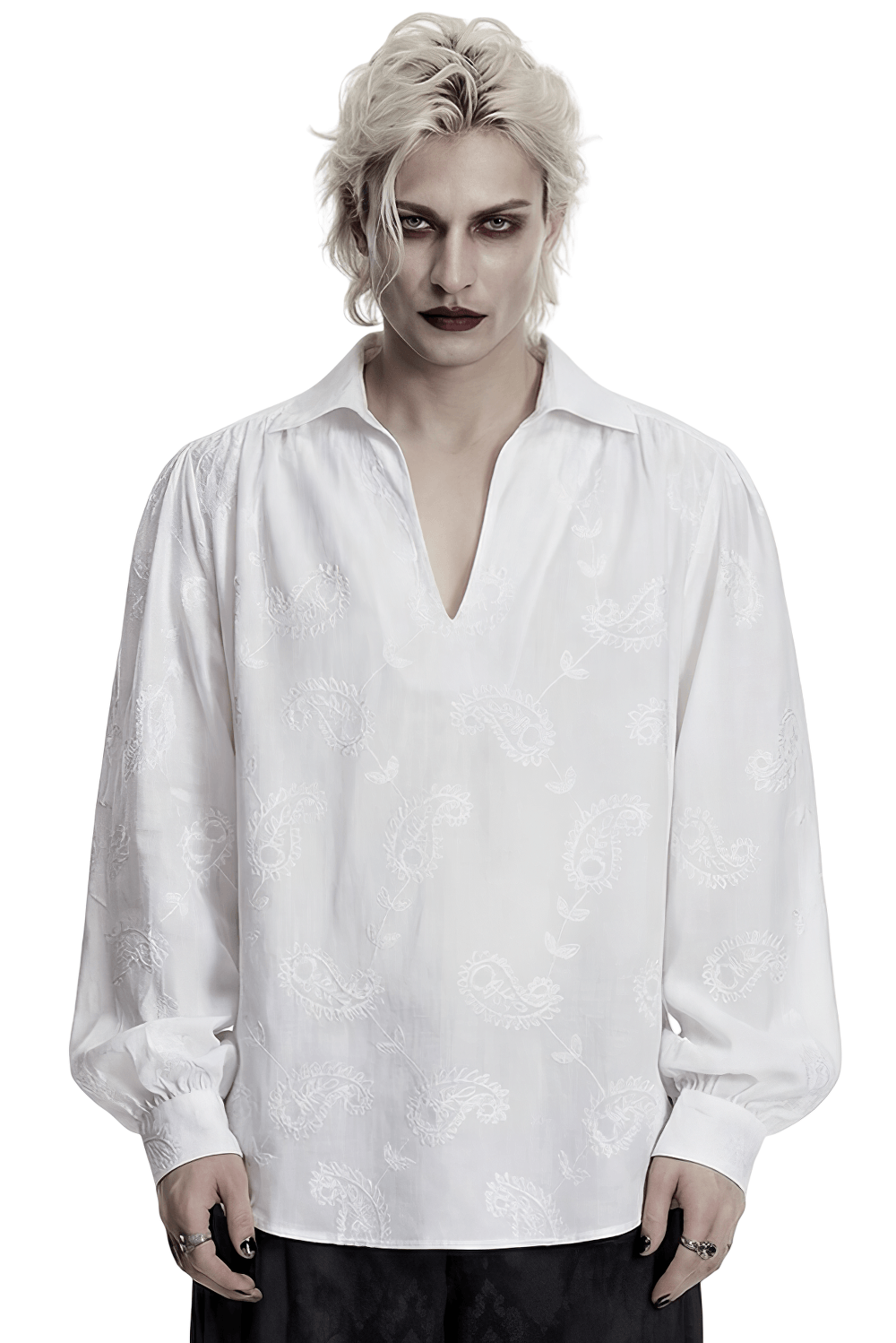 White Gothic Embroidered Loose Shirt with Puff Sleeves displayed on a model with a vampy look and embroidered paisley pattern.