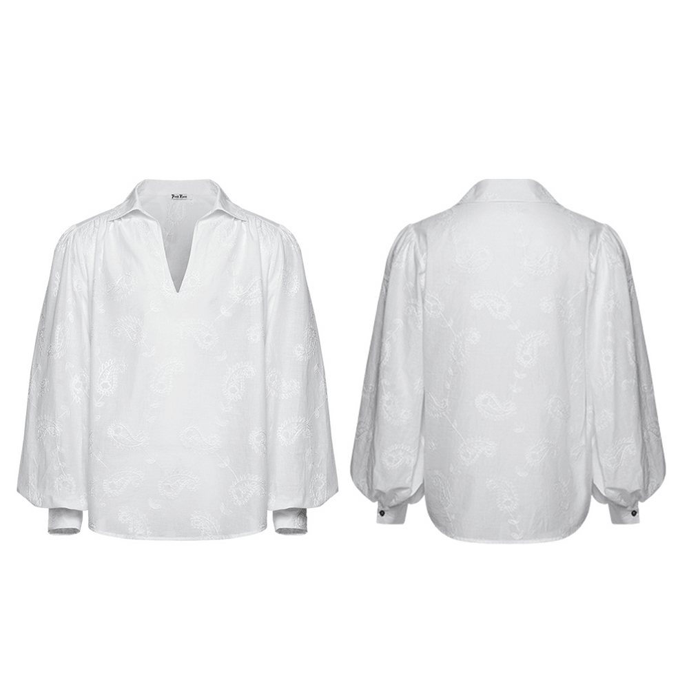 White Gothic Embroidered Loose Shirt with Puff Sleeves, featuring court collar and puffed sleeves, perfect for gothic fashion.