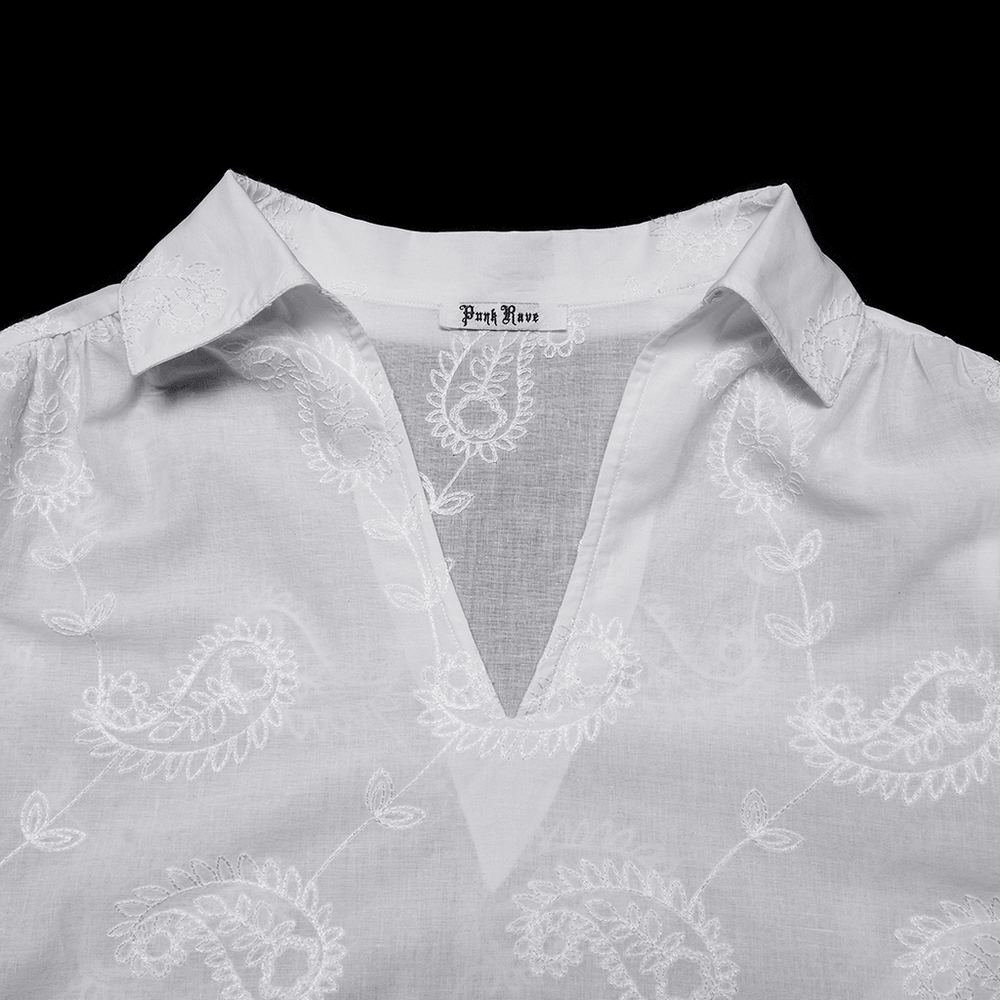 White Gothic Embroidered Loose Shirt with Puff Sleeves - close-up of court collar and V-neck design.