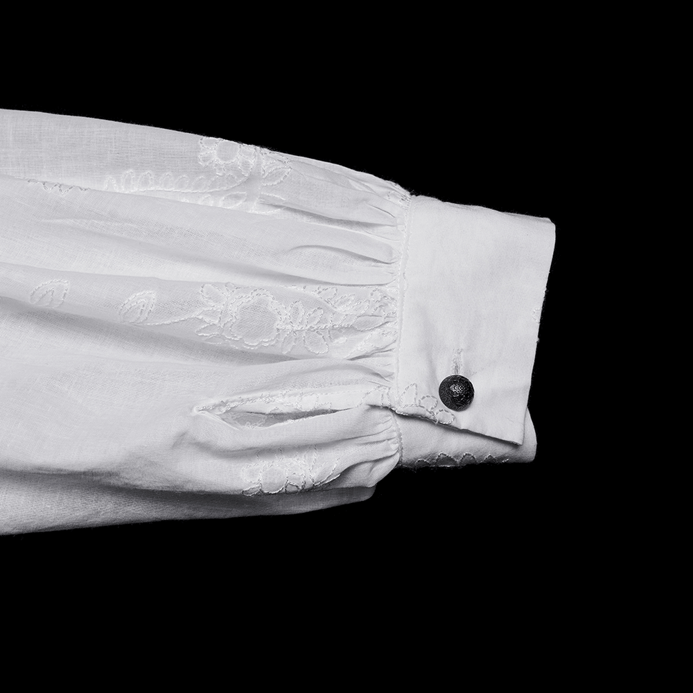 White Gothic Embroidered Loose Shirt with Puff Sleeves detailing embroidered cuff and puff sleeve style.