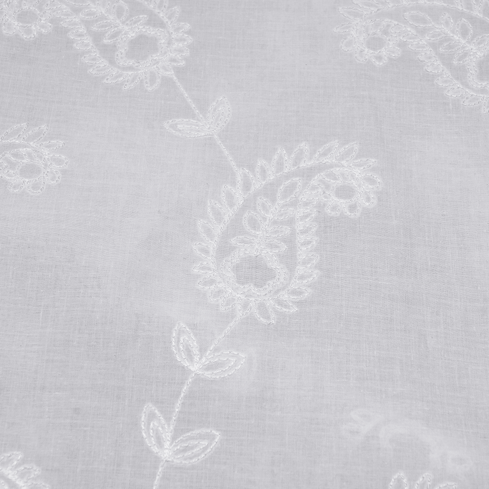 White Gothic Embroidered Loose Shirt with Puff Sleeves detailed paisley pattern fabric close-up.