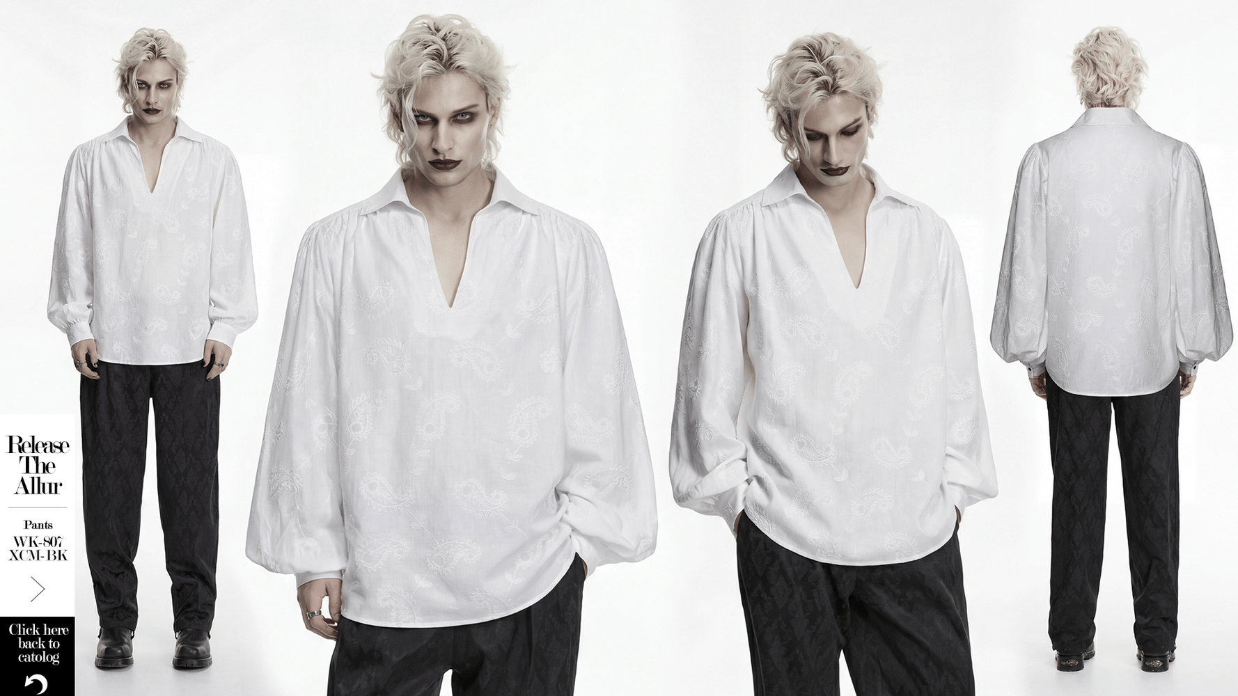 White Gothic Embroidered Loose Shirt with Puff Sleeves styled with black trousers, featuring a court collar and V-neck.