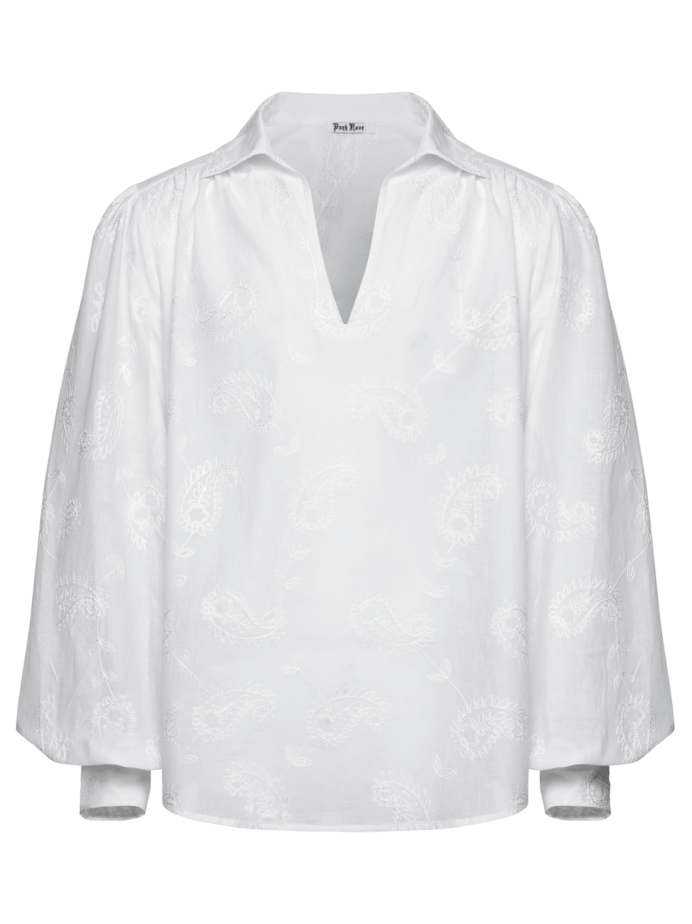 White Gothic Embroidered Loose Shirt with Puff Sleeves featuring a V-neck and elegant paisley design.