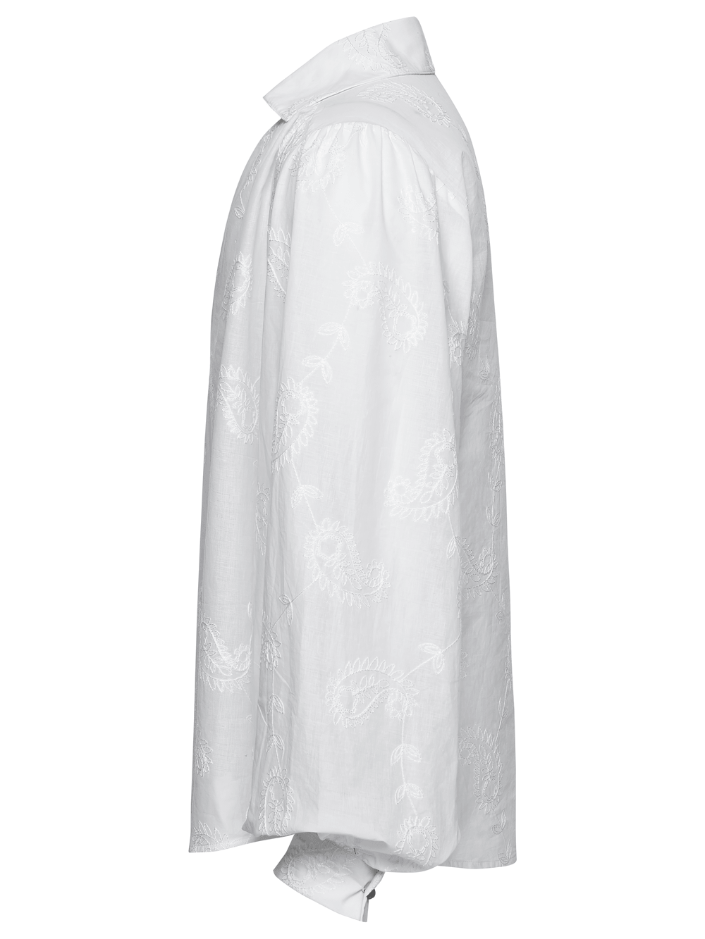 White Gothic Embroidered Loose Shirt with Puff Sleeves side view showcasing intricate paisley embroidery.