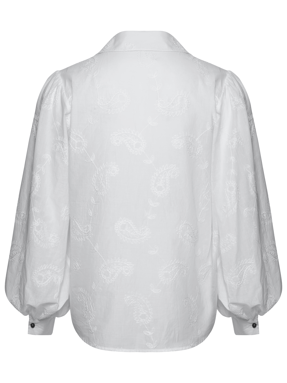 White Gothic Embroidered Loose Shirt with Puff Sleeves, featuring a court collar and elegant embroidery on the back.