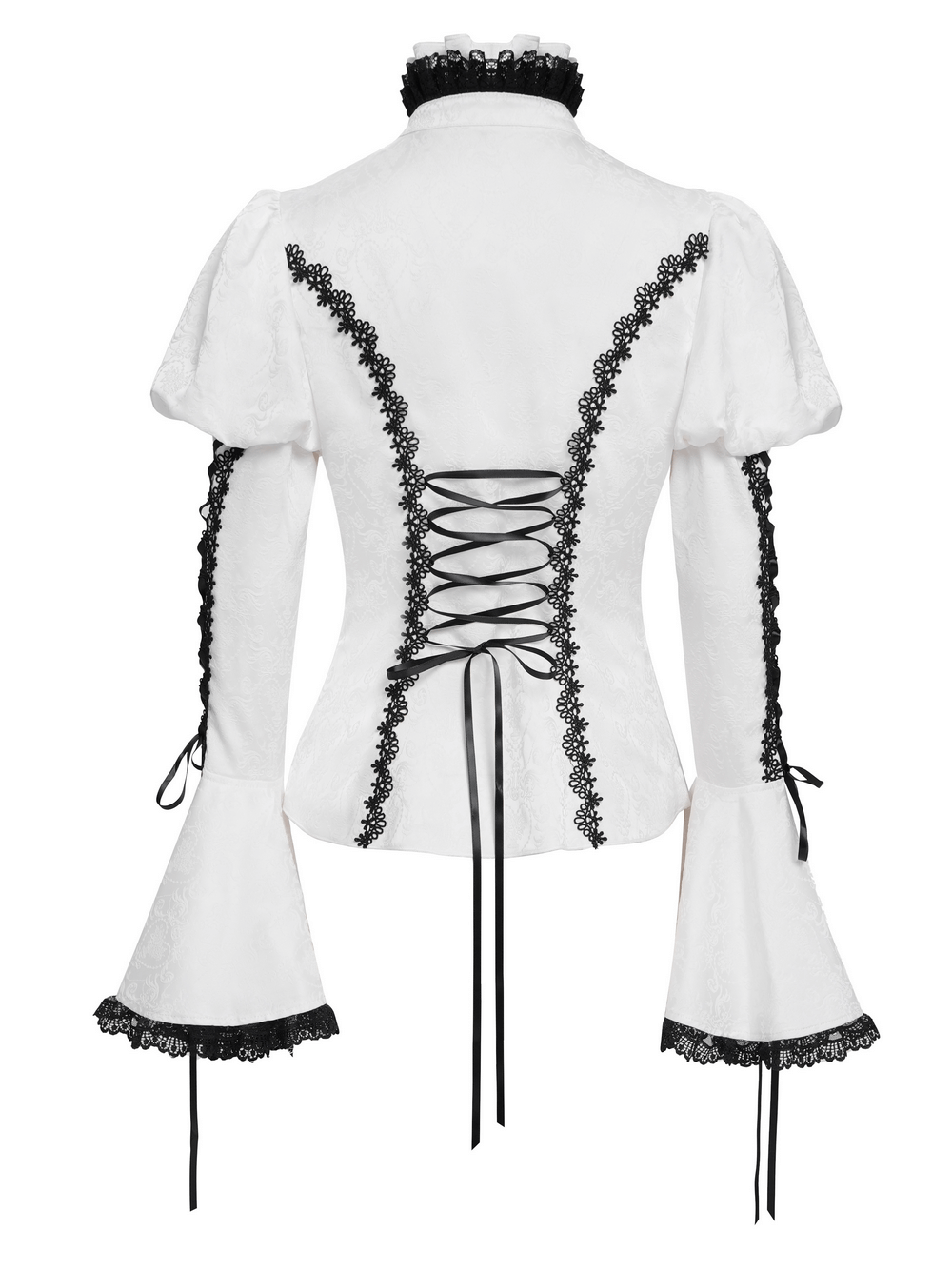 Back view of a white Gothic Victorian blouse with black lace corset ties and flared sleeves, perfect for steampunk fashion.