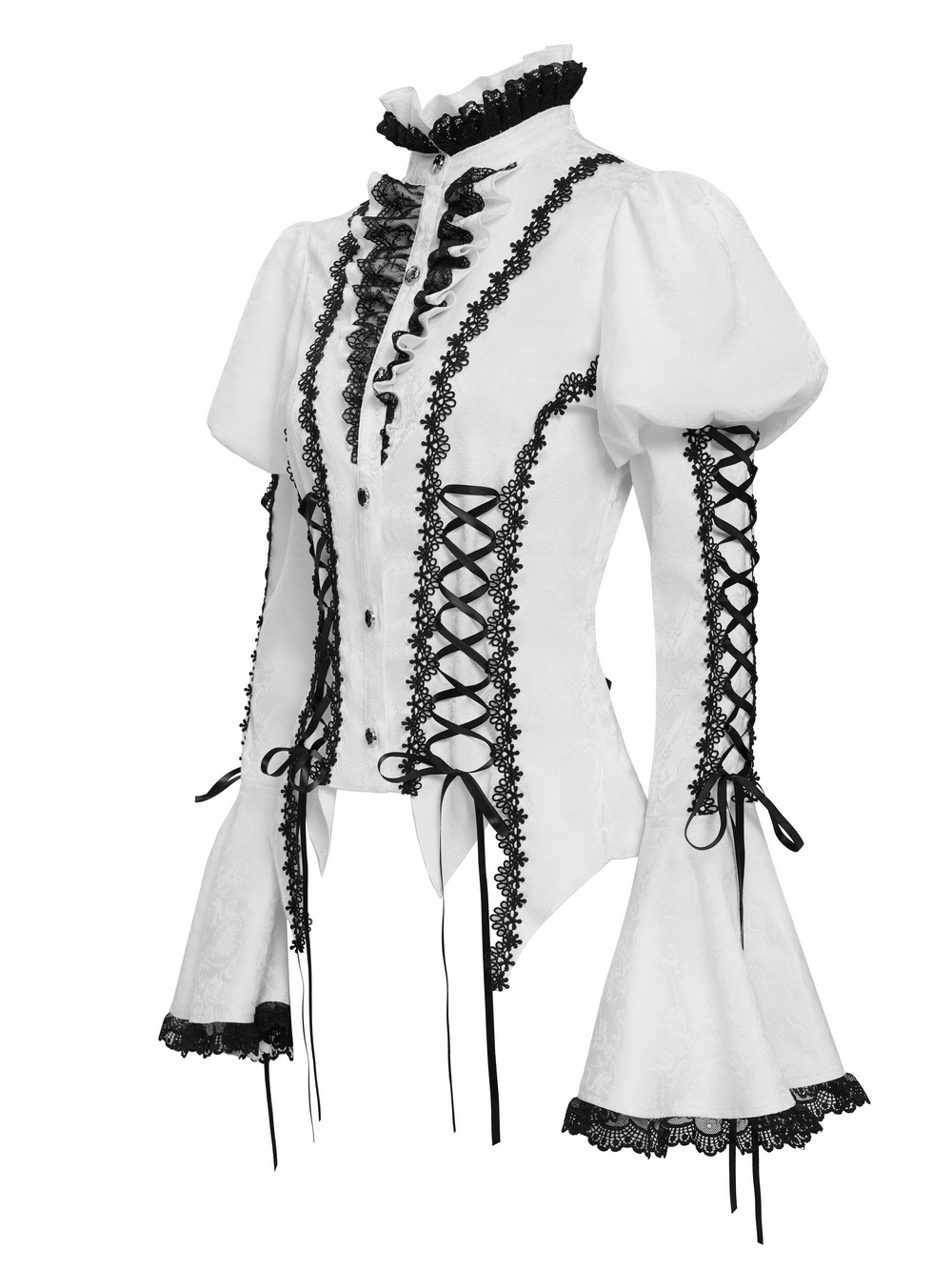Elegant white Victorian blouse with black lace trim, corset ties, and flared sleeves for gothic and steampunk fashion.
