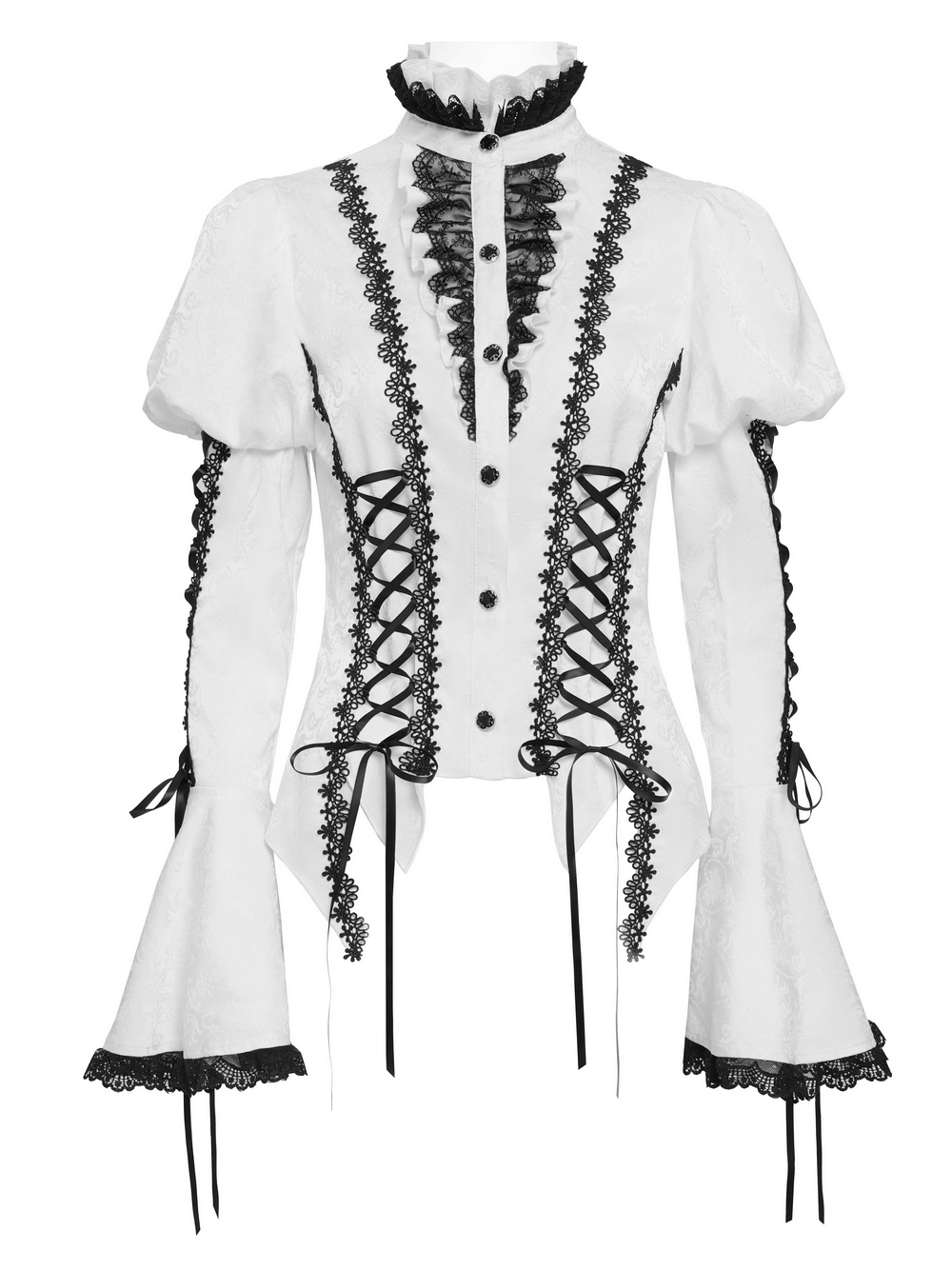 White Gothic Victorian blouse featuring lace, corset ties, and flared sleeves for a dramatic steampunk look.