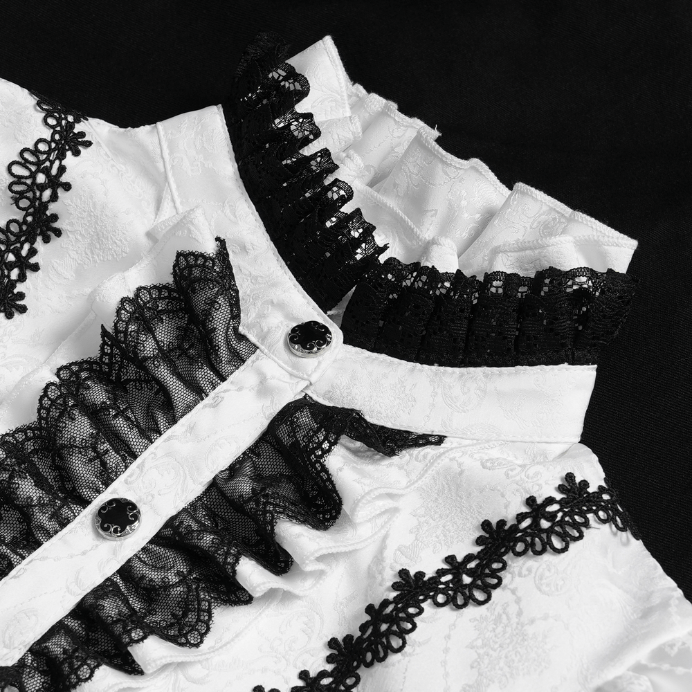 White gothic lace blouse with black trim and ruffled collar, perfect for Victorian and steampunk fashion.