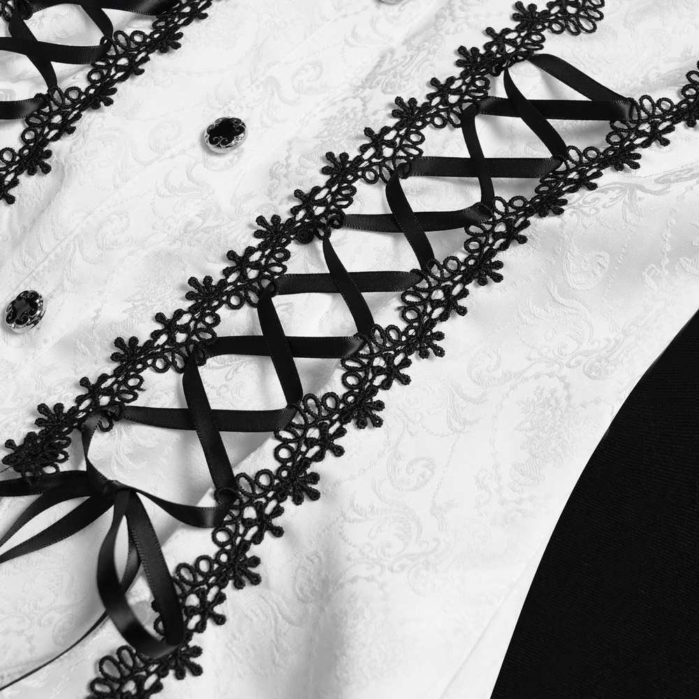 Close-up of a white Victorian blouse with black lace trim and corset ties, showcasing the elegant design and details.