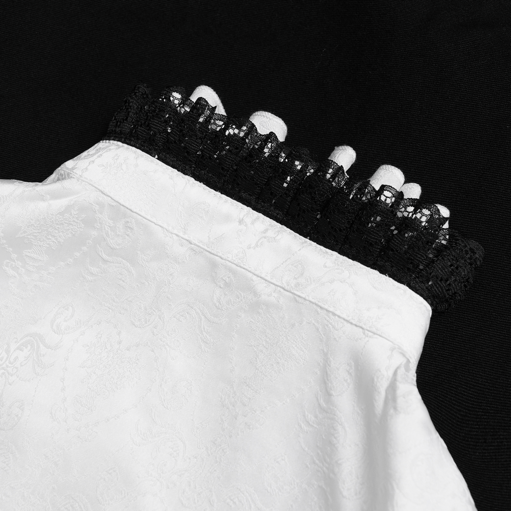 Close-up of the black lace trim collar of a white Gothic Victorian blouse, showcasing intricate details and elegant design.