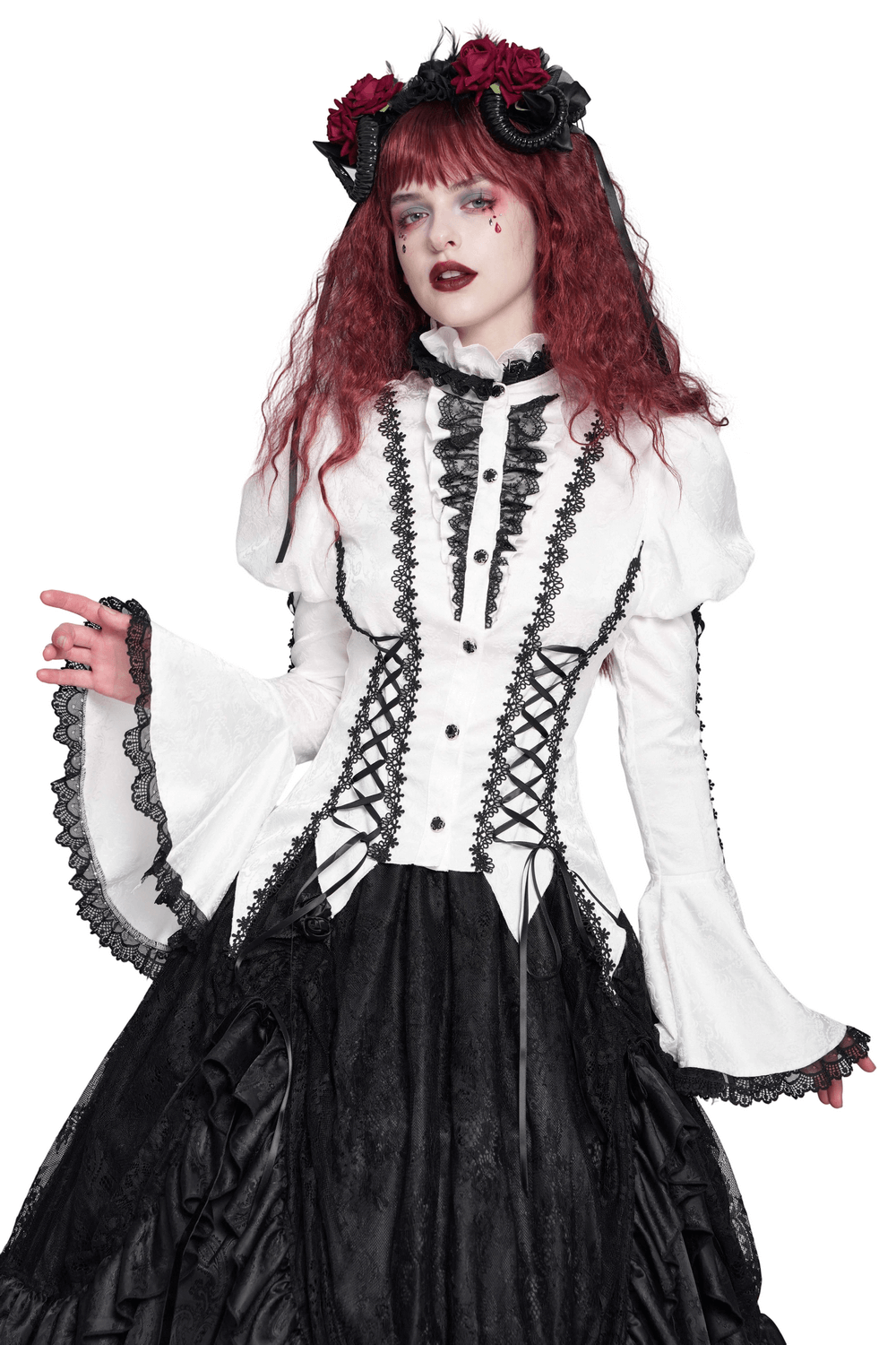 White gothic lace Victorian blouse with corset ties, flared sleeves, and dramatic steampunk flair.