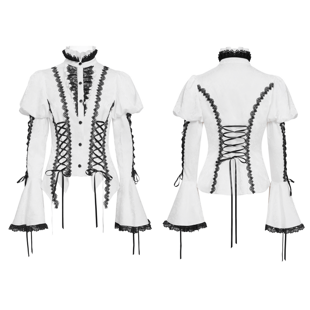 Elegant white Gothic lace Victorian blouse with corset ties, flared sleeves, and ruffled collar for steampunk fashion.